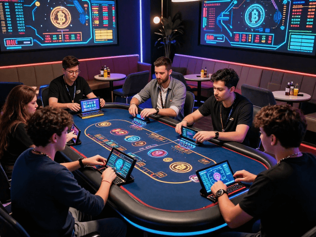 Exciting crypto casino gaming scene with players and high-tech displays.