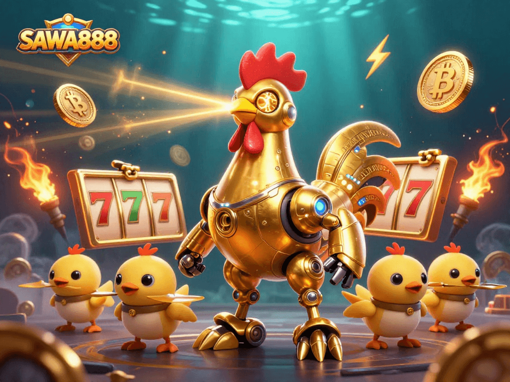 Experience the excitement of SAWA888 with vibrant golden rooster robots and dynamic slot game elements.