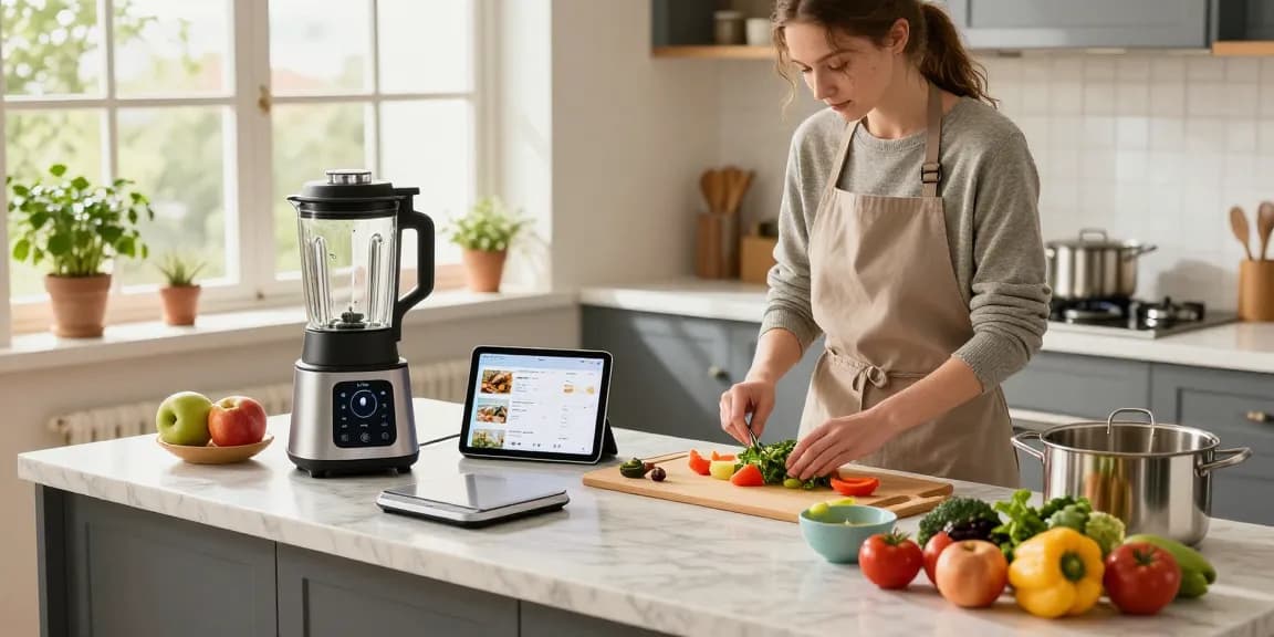 Bright kitchen with smart kitchen gadgets in use, showcasing healthy cooking and innovative meal prep.