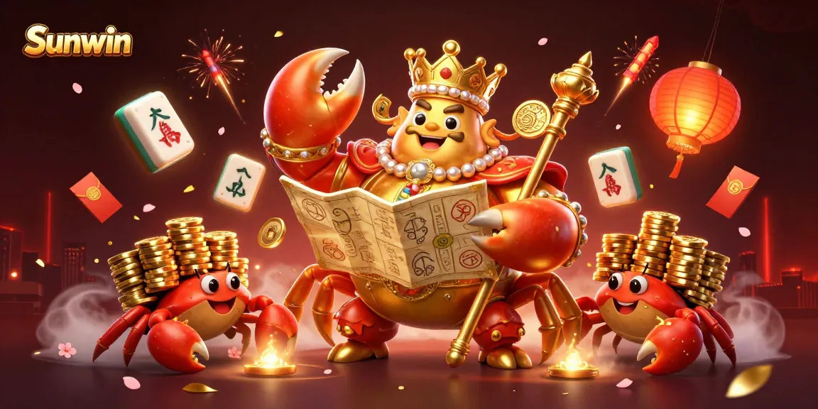 Experience the thrill of Sunwin with a vibrant scene featuring a golden crab emperor and gambling treasures.