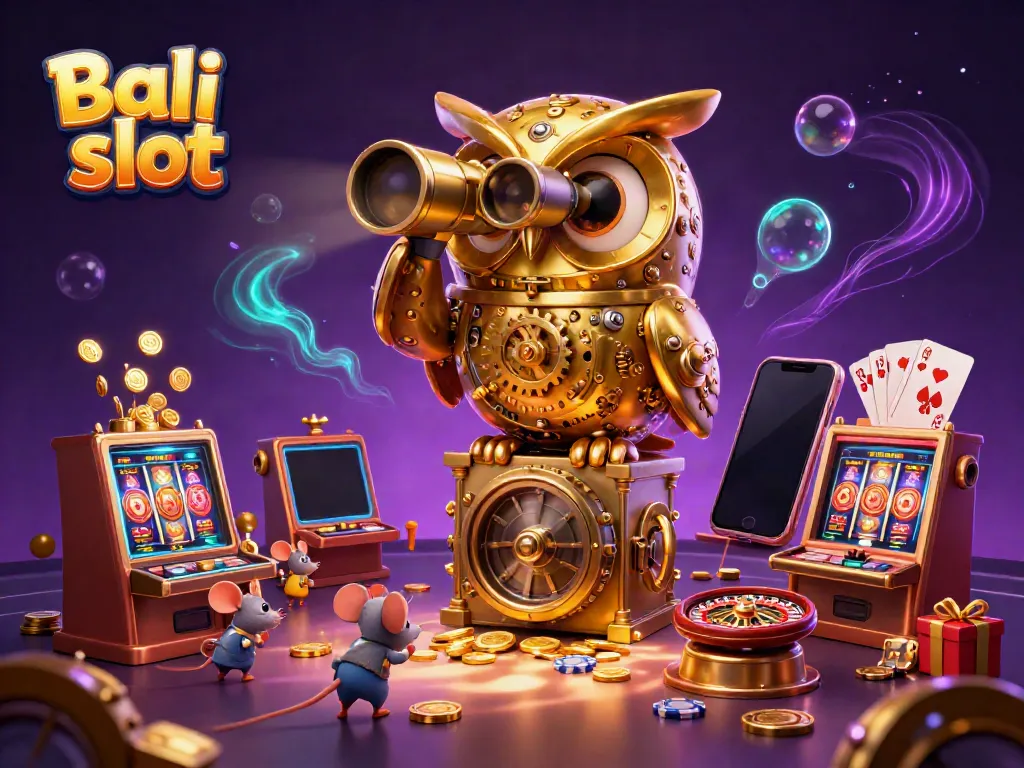 Bali slot game illustration with a clockwork owl, tiny mice patrons, and vibrant casino elements.
