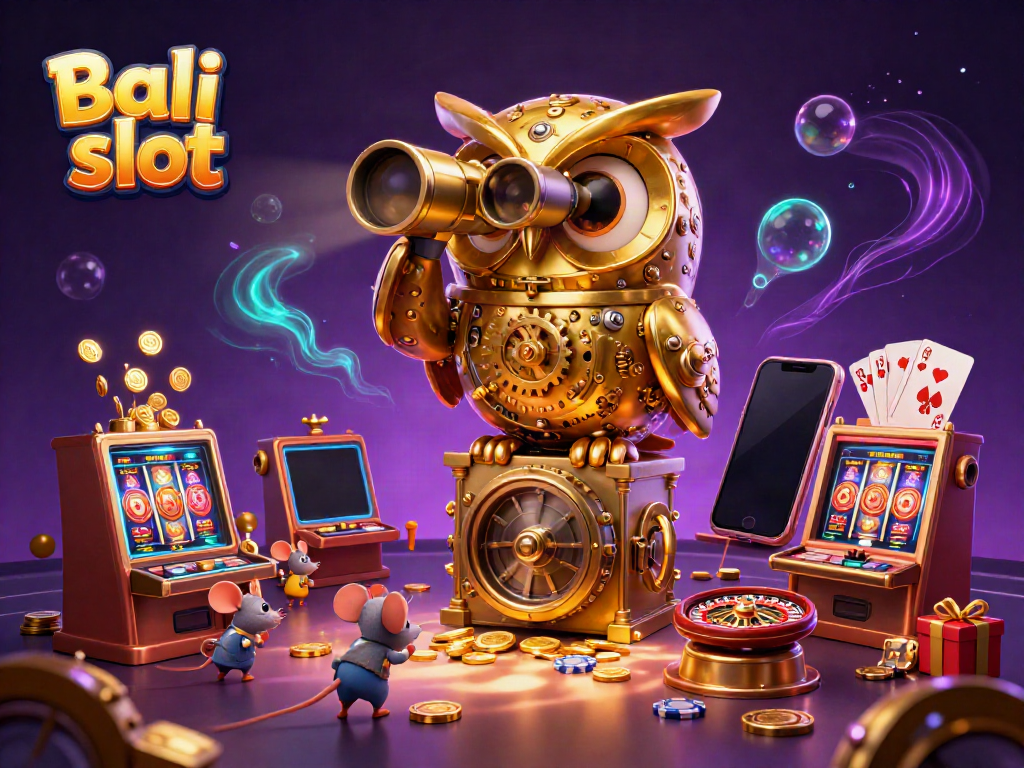 Bali slot game illustration with a clockwork owl, tiny mice patrons, and vibrant casino elements.