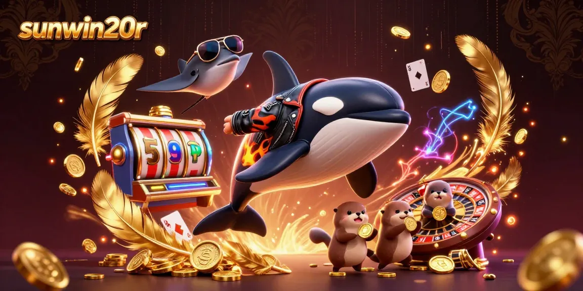 Capture the excitement at sunwin20r with playful characters surrounded by vibrant casino elements.