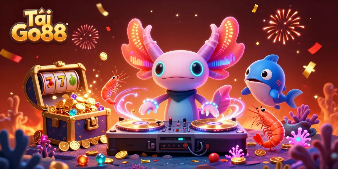 Tải Go88 and win with the vibrant underwater casino scene featuring an axolotl DJ and dynamic game elements.