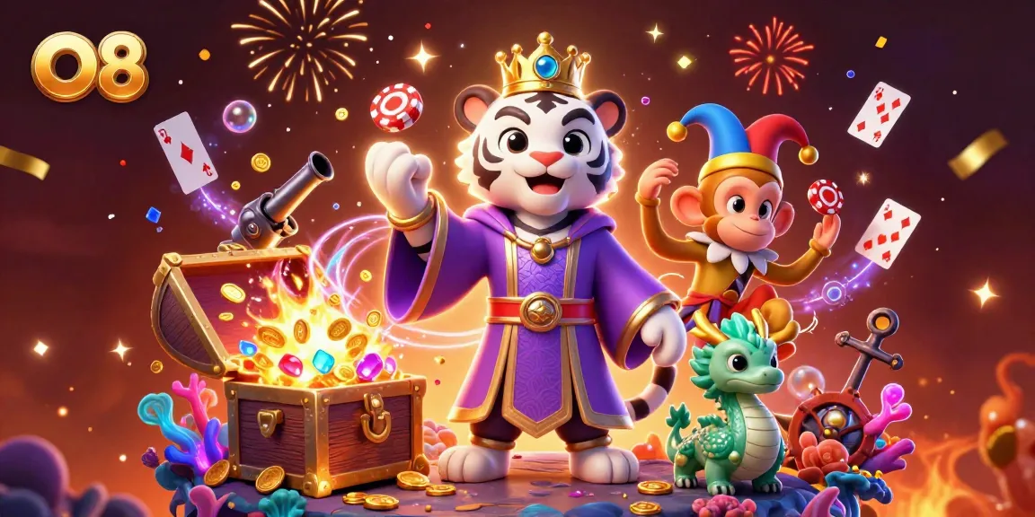Engage with O8's vibrant casino atmosphere, featuring a majestic tiger and playful monkey amidst treasure chests and confetti.
