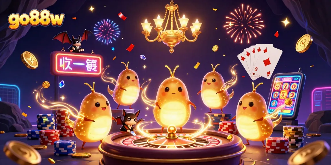 Experience go88w's vibrant casino scene featuring glowworms, a bat dealer, and dynamic gaming action.
