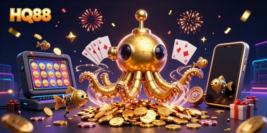 Engage with HQ88's captivating gaming experience featuring vibrant golden kraken submerged in coins.