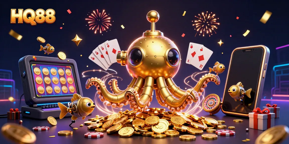 Engage with HQ88's captivating gaming experience featuring vibrant golden kraken submerged in coins.