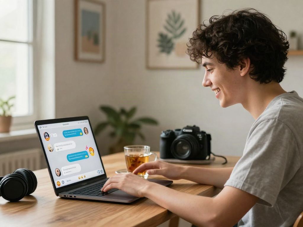 Interactive sex chat AI session with a user engaging on a laptop in a cozy setting.