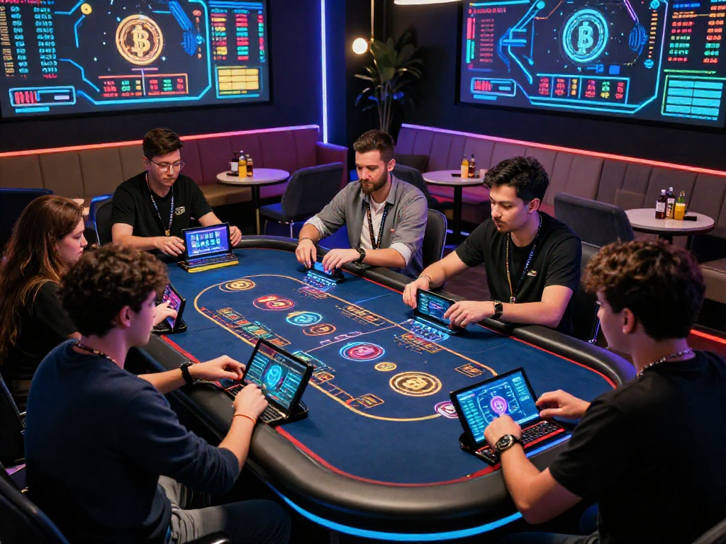 Exciting crypto casino gaming scene with players and high-tech displays.