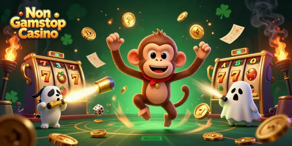 Experience thrilling action in a Non Gamstop Casino, featuring a mischievous poltergeist monkey and ghost-hunter puppy.