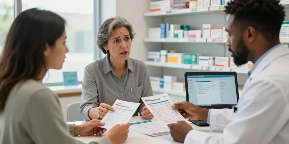 Patient consulting pharmacist about how to buy retatrutide in a welcoming pharmacy.
