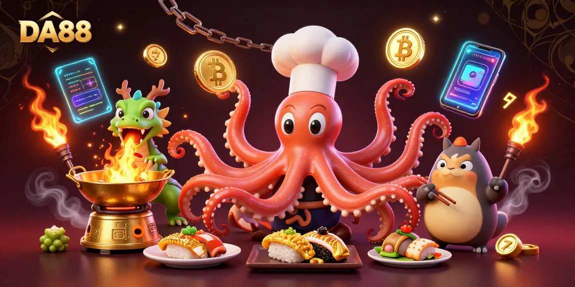 DA88 showcases a vibrant 3D illustration with a sushi chef octopus, dragon, and tanuki betting in a crypto casino.
