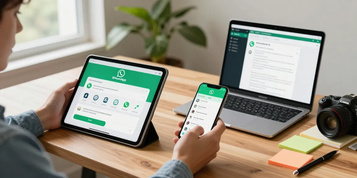WhatsApp下載 on mobile devices while a user explores the app in a bright workspace.