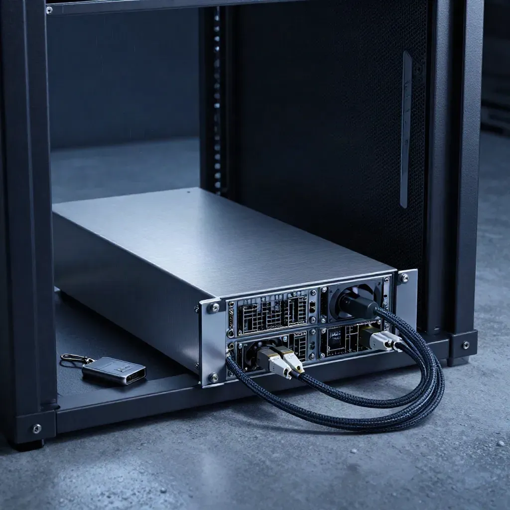 1U Linux server chassis with cables and hardware key in a moody rack-bay hero shot
