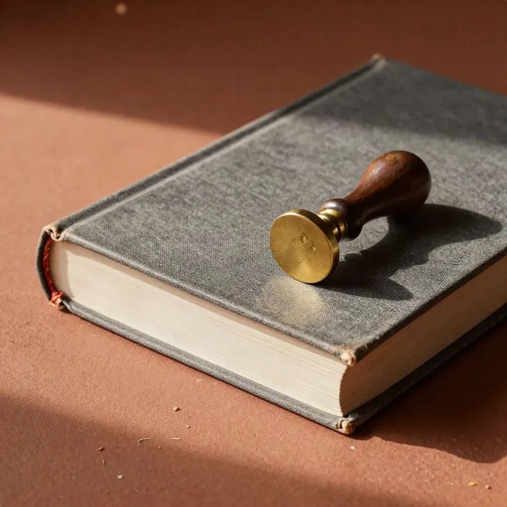 Closed sample book, ceramic proof tile, and wax seal stamp on terracotta plaster.
