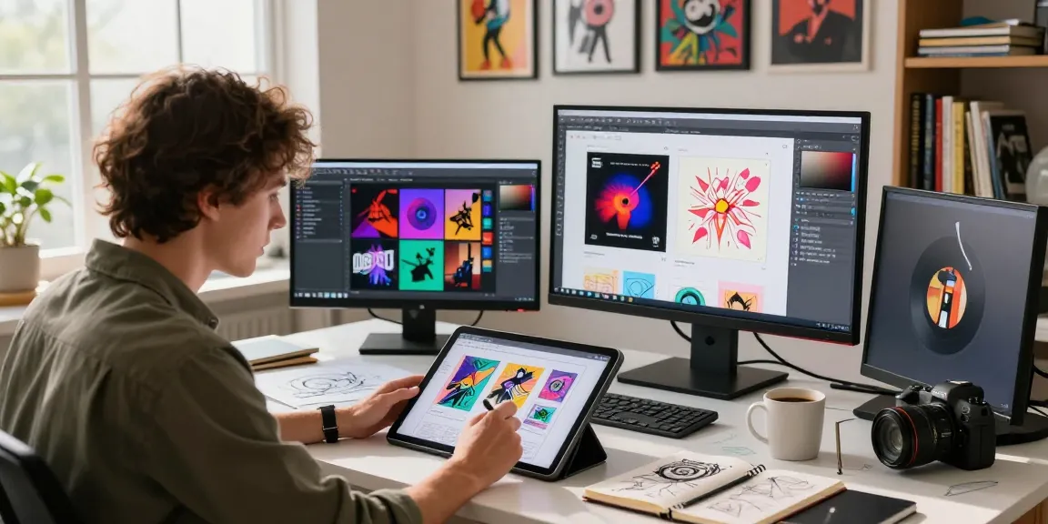 Artist designing music artwork API album cover in vibrant studio