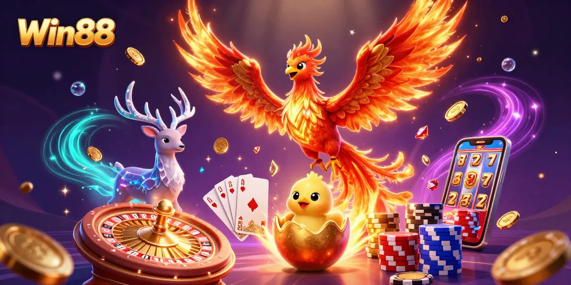 Win88 casino scene showcasing a phoenix, colorful coins, and a jackpot theme in dynamic action.