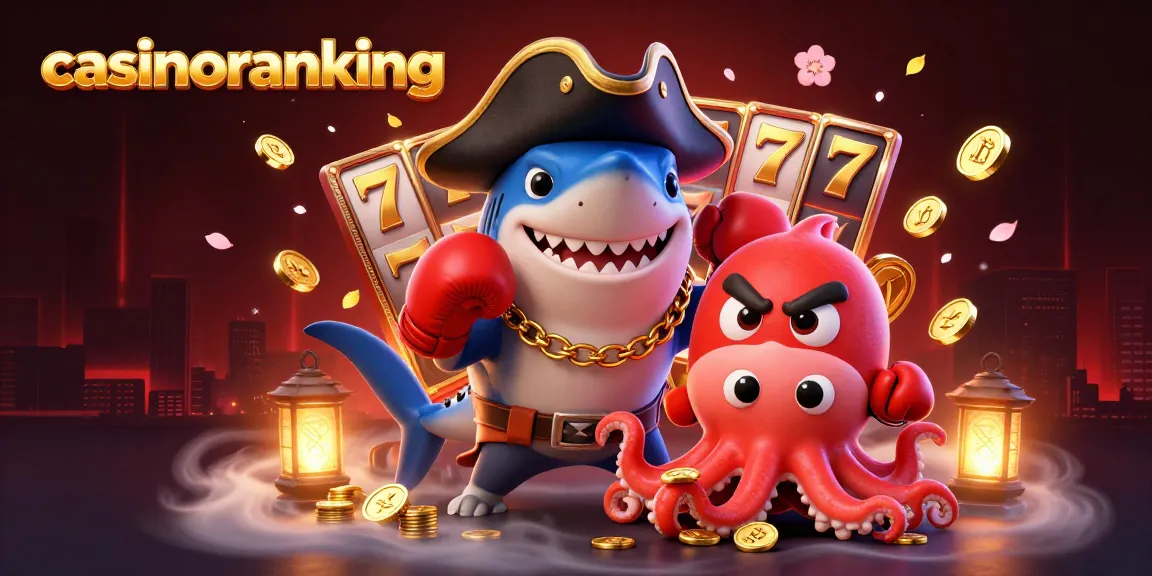 Casinoranking showcases a lively 3D casino scene featuring a pirate shark, pufferfish, and octopus with slots and gold coins.