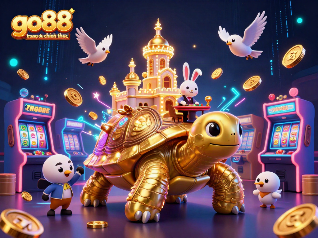 Play exciting casino games at go88 trang chu chinh thuc, featuring a majestic tortoise casino and vibrant dealers.
