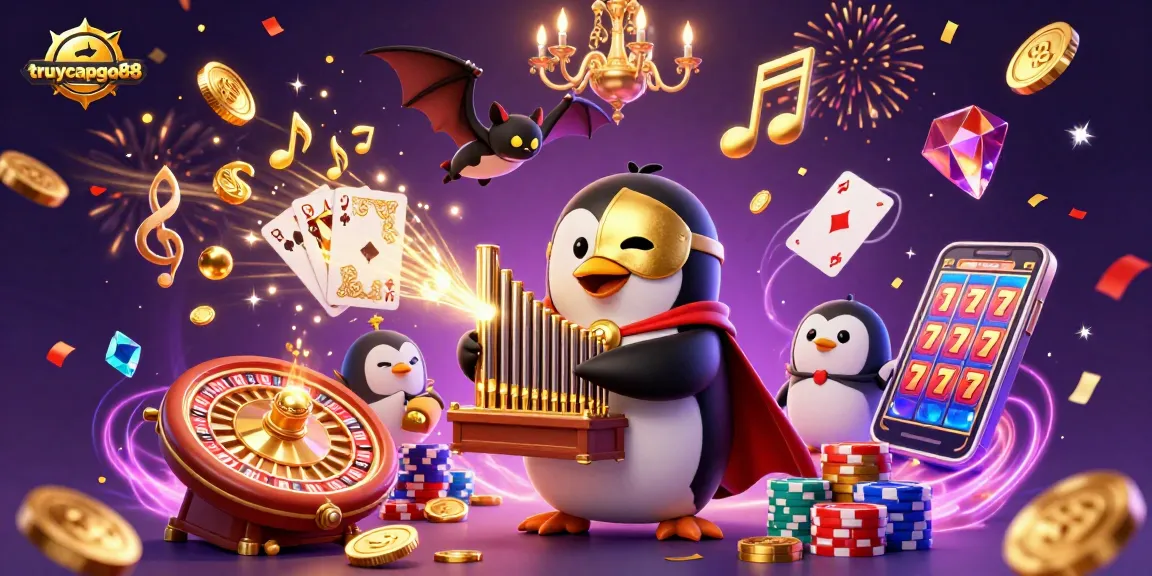 Experience the excitement at truycapgo88 with dynamic casino elements, playful characters, and cascading golden riches.