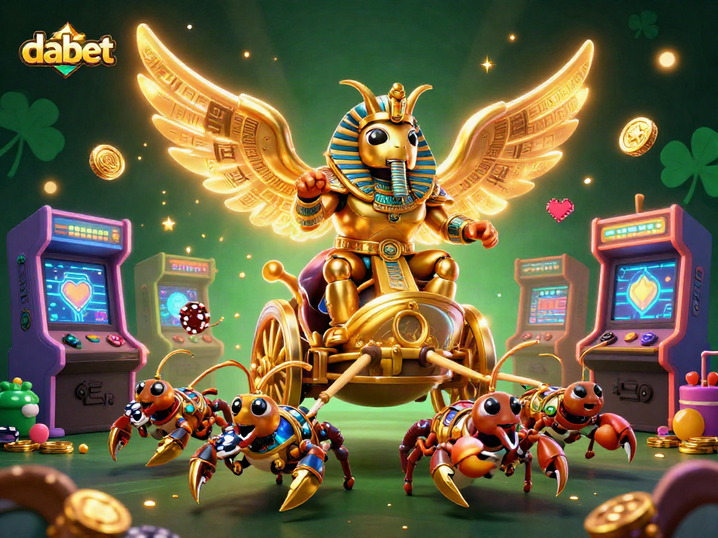 Experience thrilling action at dabet with a vibrant casino scene featuring a colossal scarab beetle.