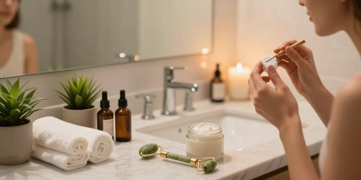 Applying Vitamin Rich Facial Balm in a serene bathroom environment with skincare essentials.