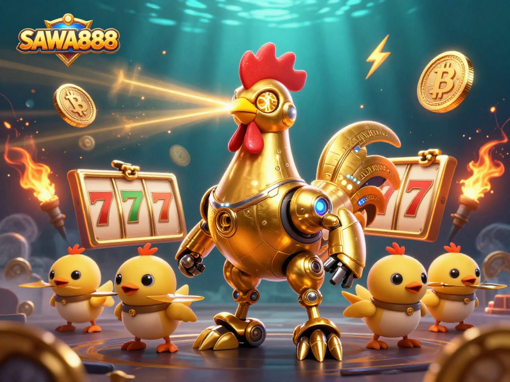 Experience the excitement of SAWA888 with vibrant golden rooster robots and dynamic slot game elements.