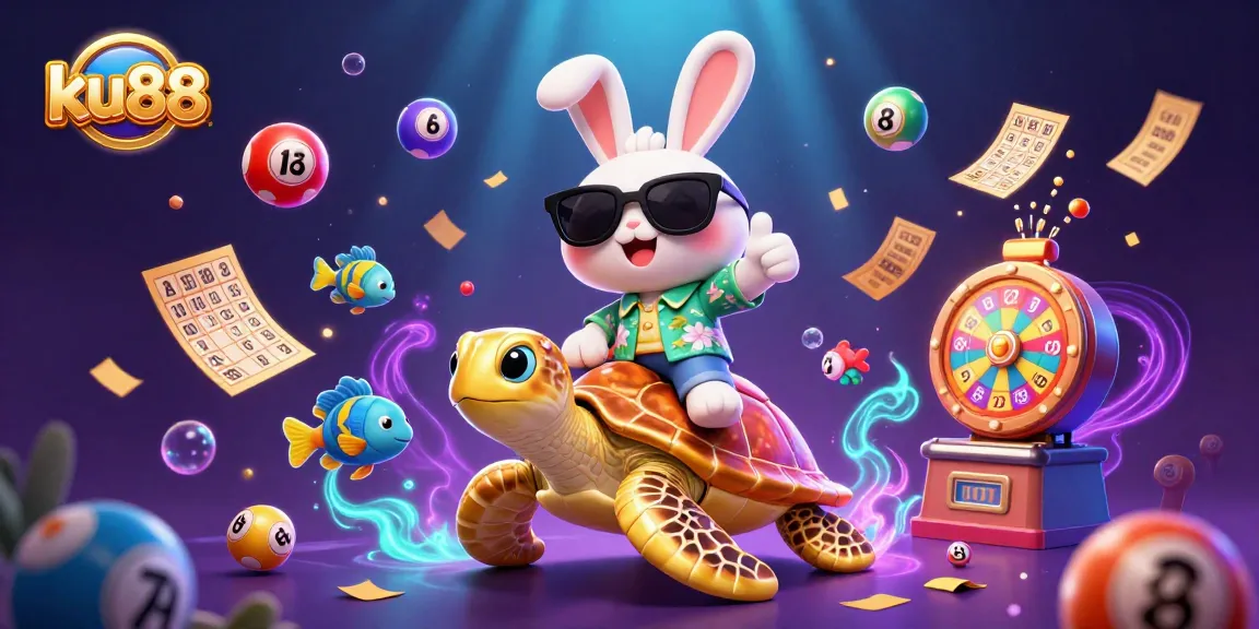ku88 showcases excitement with a lucky rabbit and golden sea turtle in a vibrant casino illustration