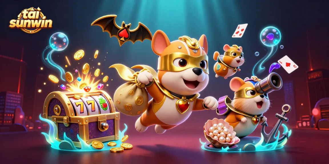 Win big at tải sunwin with a vibrant scene featuring a superhero dog and animated elements.