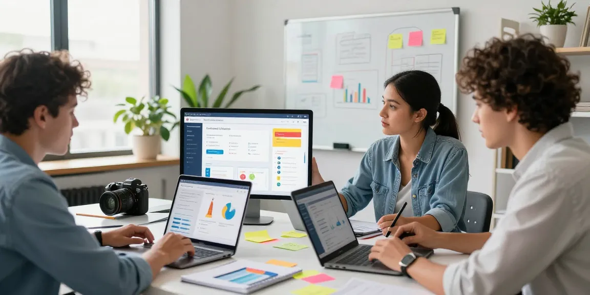 Local services finder app demo collaboration in a modern office setting with diverse professionals showcasing teamwork and innovation.