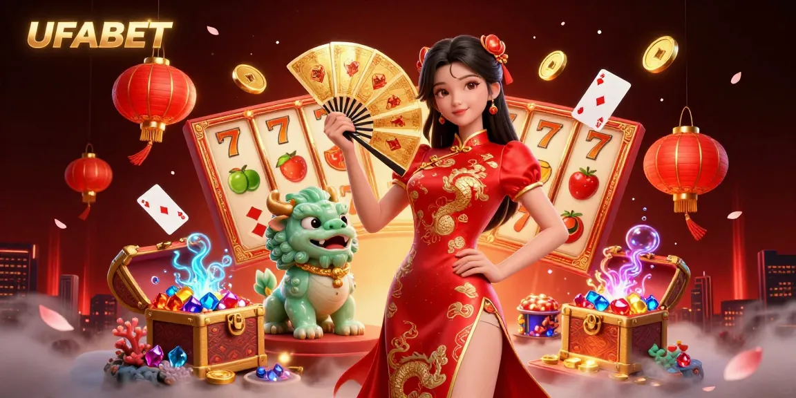 Experience the excitement of UFABET with a vibrant, dynamic casino scene filled with slot reels and riches.