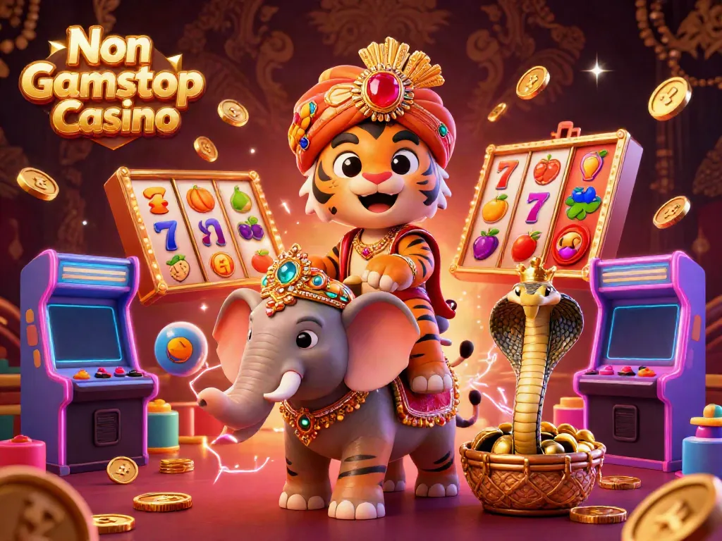 Experience thrilling gameplay at Non Gamstop Casino with a vibrant, colorful 3D scene featuring classic slot elements and animated characters.
