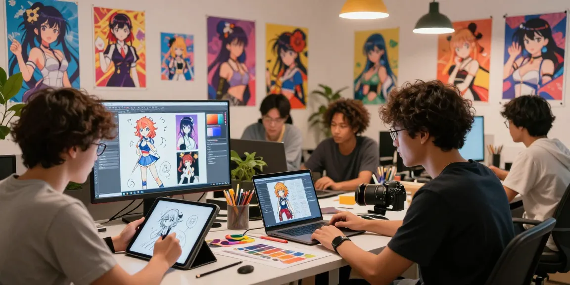 Creative artists collaborating on ecchi AI projects in a vibrant studio.