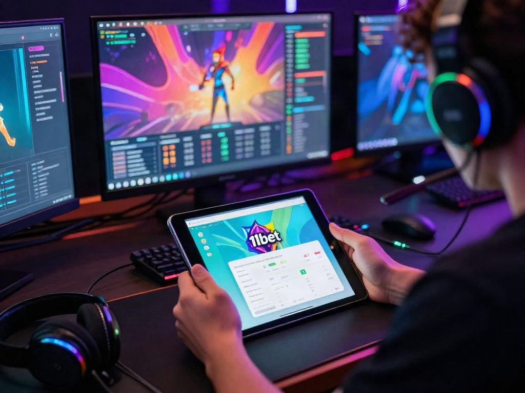 Engaging gaming setup featuring a user with the 11bet app, dynamic atmosphere and modern tech.
