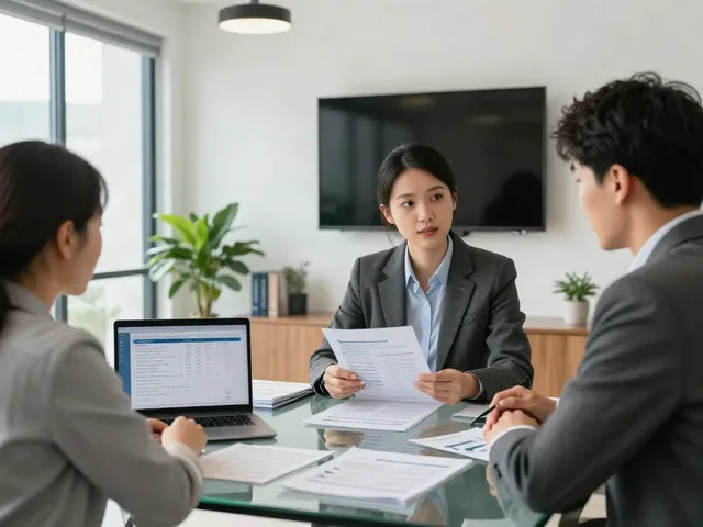 Discussing Payday Loans Co options in a professional office setting, showcasing loan comparisons and financial brochures.