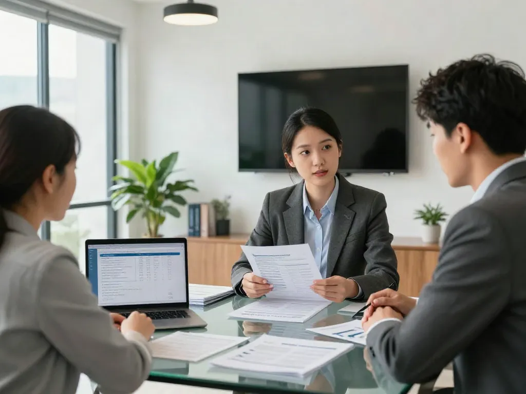 Discussing Payday Loans Co options in a professional office setting, showcasing loan comparisons and financial brochures.