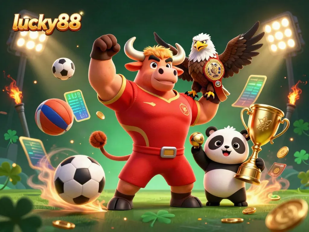 Exciting lucky88 experience featuring a victorious bull mascot, eagle, and panda amidst dynamic sports elements.