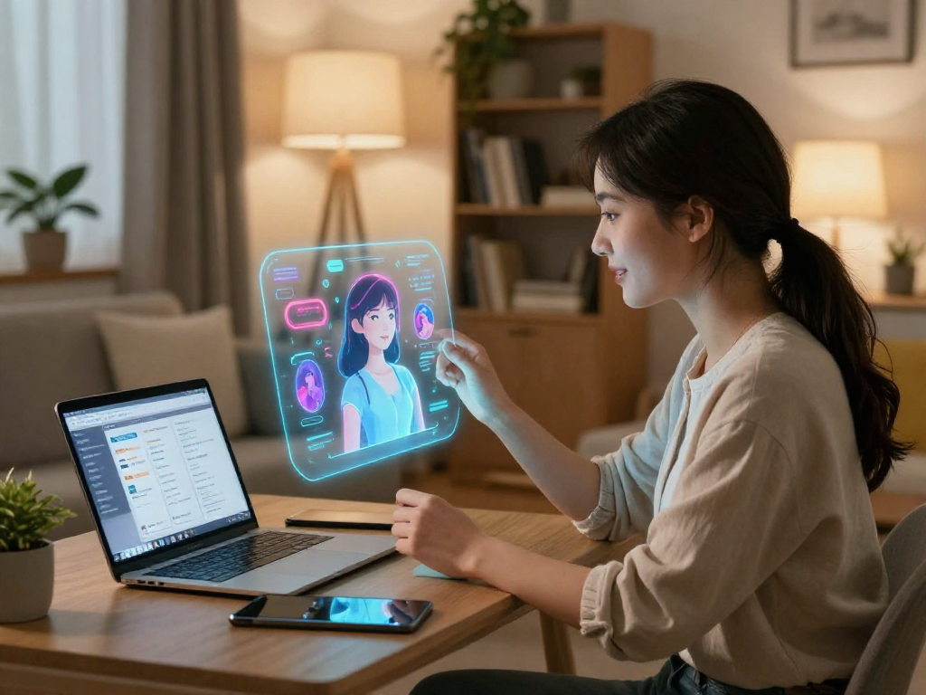 AI girlfriend interacting with user in a cozy apartment setting, highlighting digital companionship.