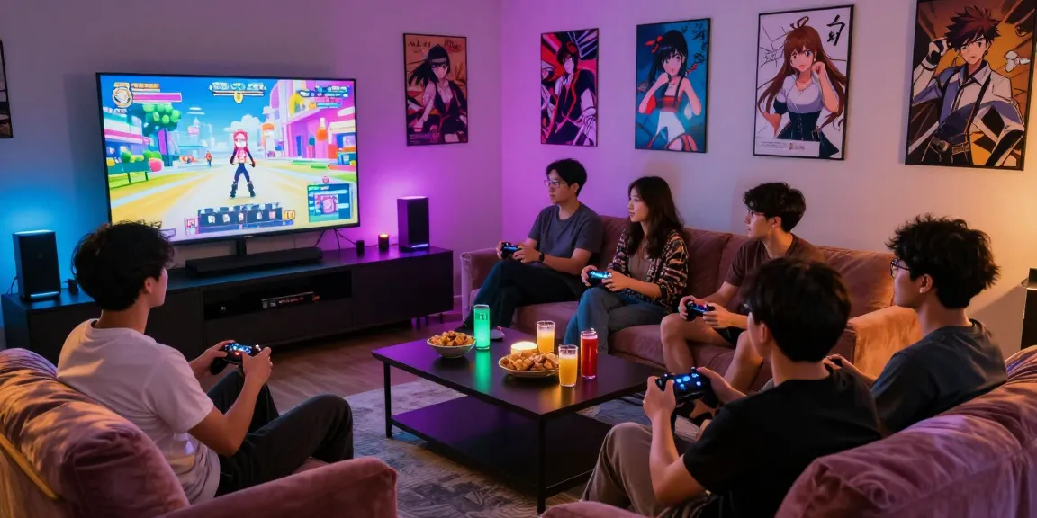 Friends enjoying a fun gaming night with hentai game online on a big screen, colorful LEDs and snacks creating a lively atmosphere.
